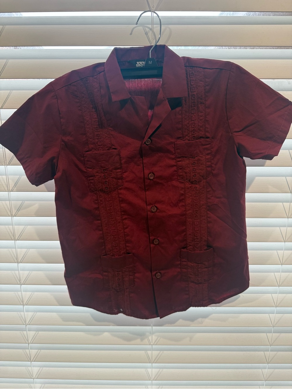Boys Short-Sleeve Embroidered Guayabera Shirt - Burgundy